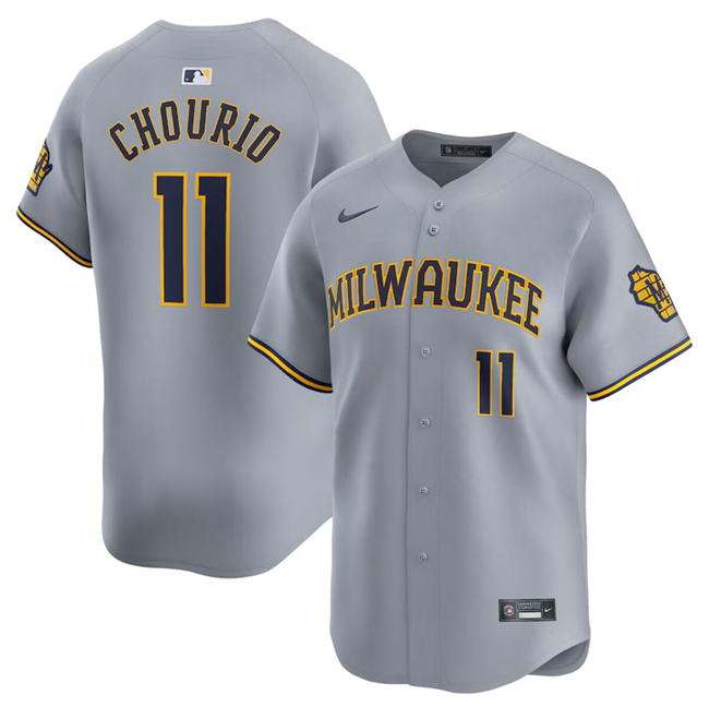Men's Milwaukee Brewers #11 Jackson Chourio Grey 2024 Away Limited Stitched Baseball Jersey
