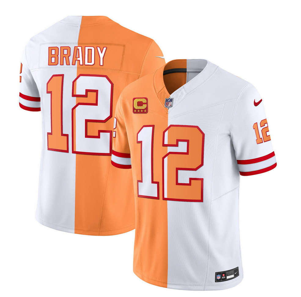 Men's Tampa Bay Buccaneers #12 Tom Brady 2023 F.U.S.E. White/Gold With 4-Star C Patch Split Throwback Limited Stitched Jersey Men's Tampa Bay Buccaneers #12 Tom Brady 2023 F.U.S.E. White/Gold With 4-Star C Patch Split Throwback Limited Stitched Jersey