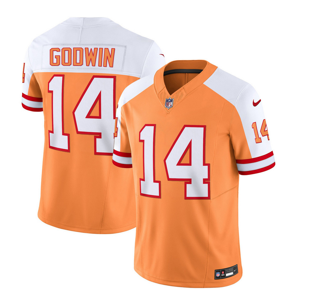Men's Tampa Bay Buccaneers #14 Chris Godwin 2023 F.U.S.E. White/Gold With 4-Star C Patch Throwback Limited Stitched Jersey Men's Tampa Bay Buccaneers #14 Chris Godwin 2023 F.U.S.E. White/Gold With 4-Star C Patch Throwback Limited Stitched Jersey