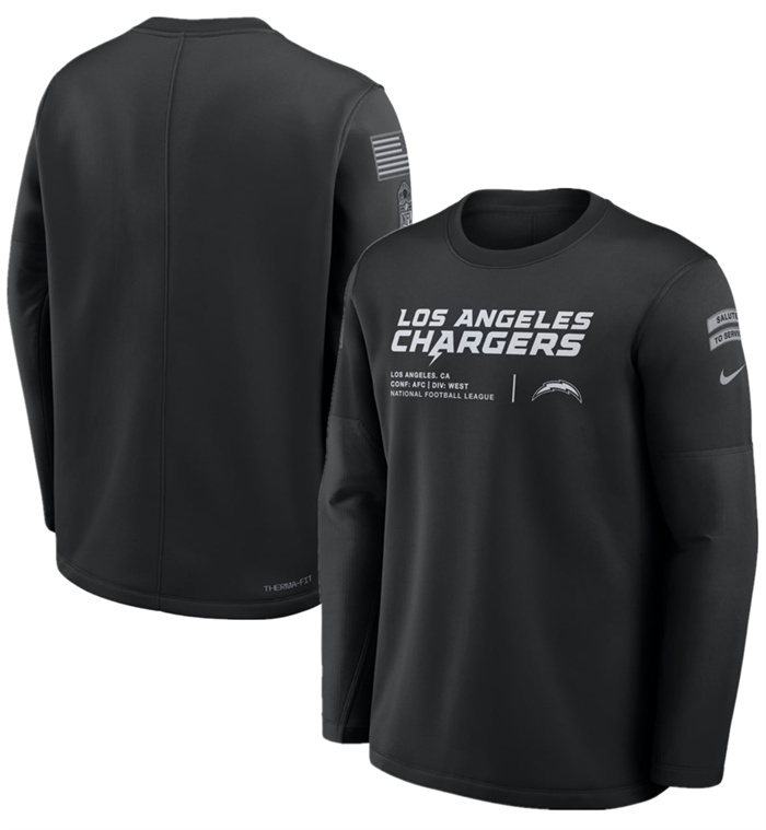 Men's Los Angeles Chargers Black 2026 Salute to Service Sideline Coaches Crewneck Therma-FIT Sweatshirt