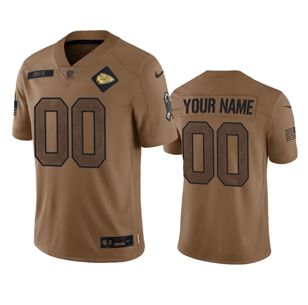 Men’s Kansas City Chiefs Active Player Custom 2023 Brown Salute To Service Limited Stitched Jersey