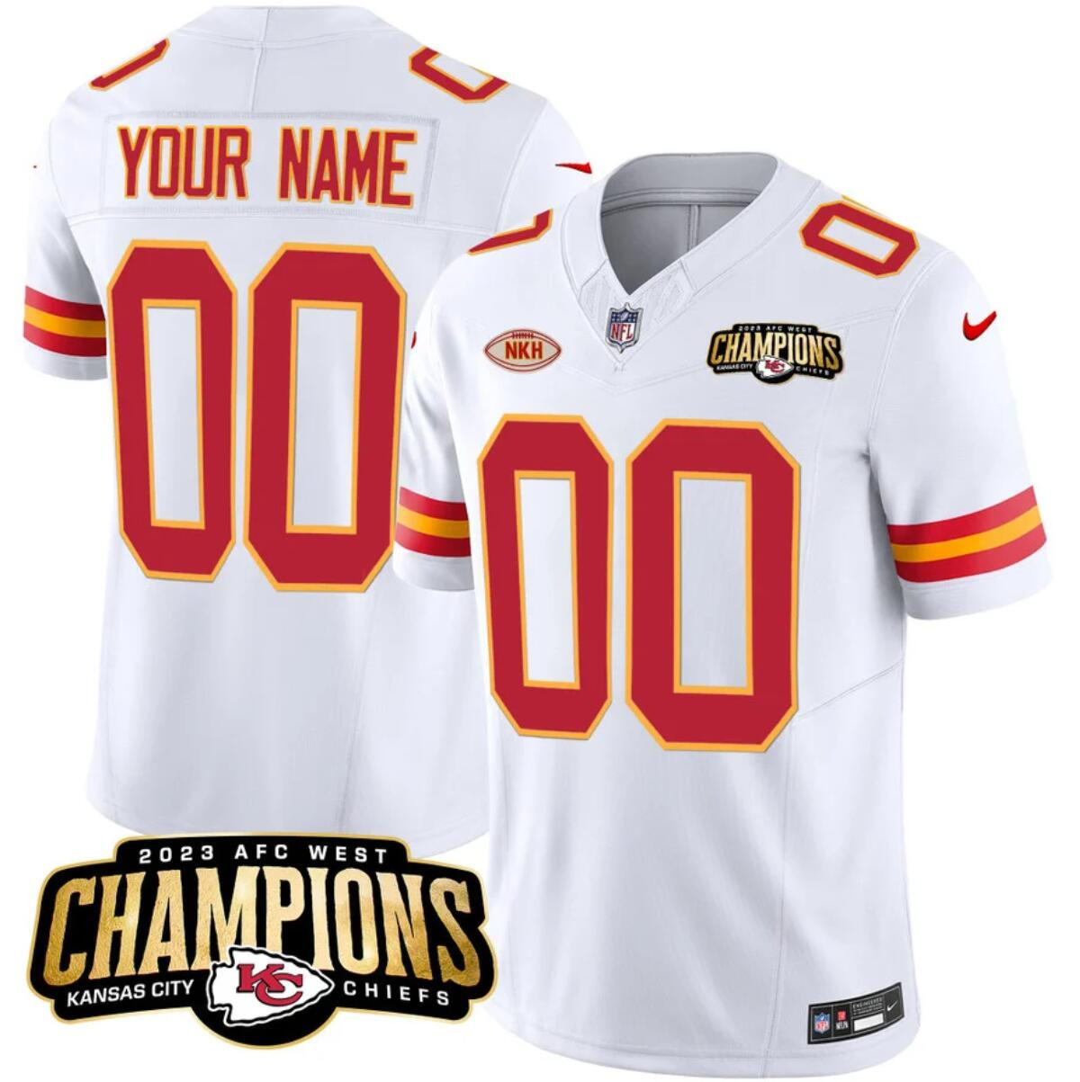 Men’s Kansas City Chiefs Active Player Custom White 2023 F.U.S.E. AFC West Champions With "NKH" Patch Vapor Untouchable Limited Stitched Jersey