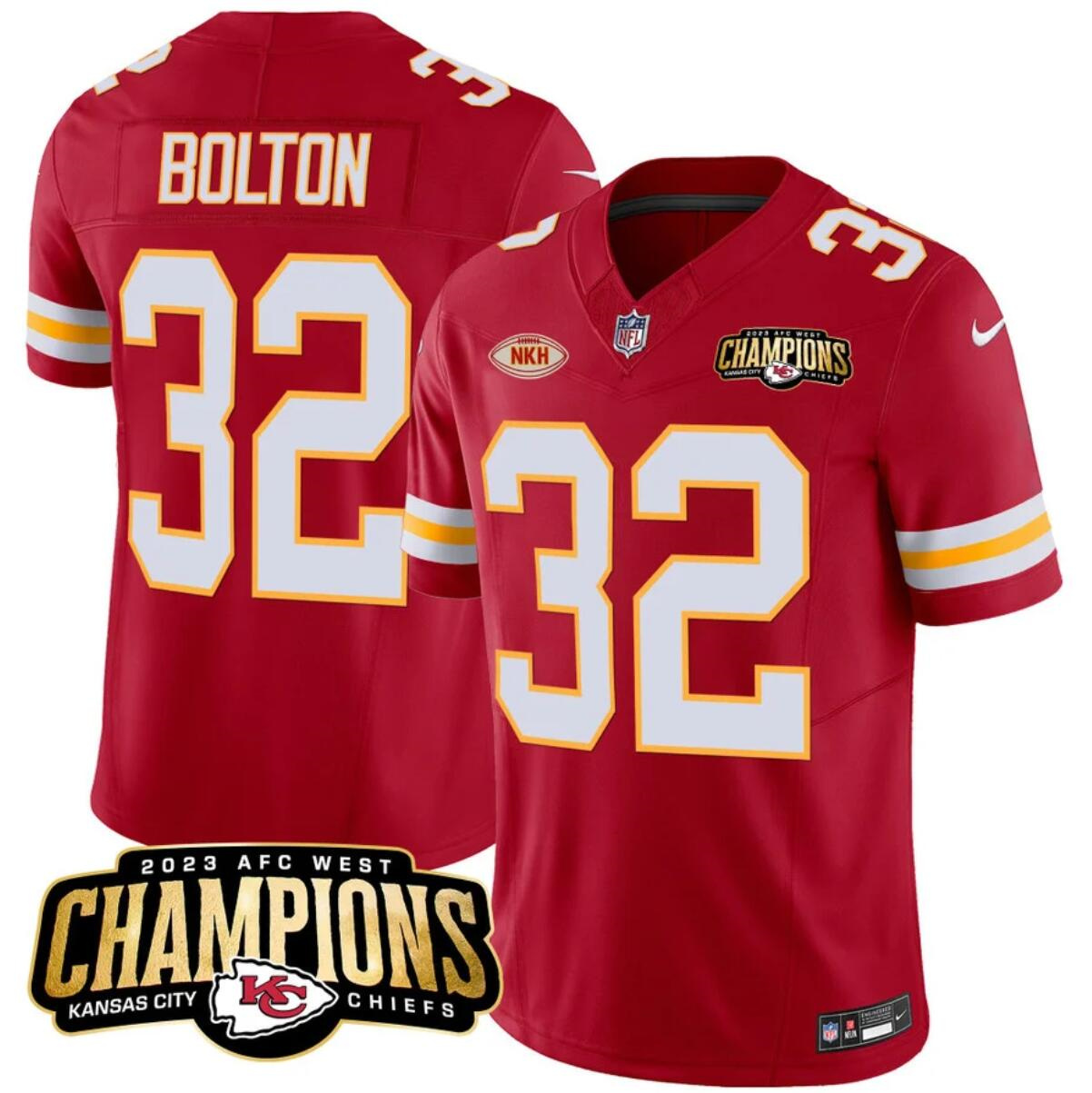 Men’s Kansas City Chiefs #32 Nick Bolton Red 2023 F.U.S.E. AFC West Champions With 