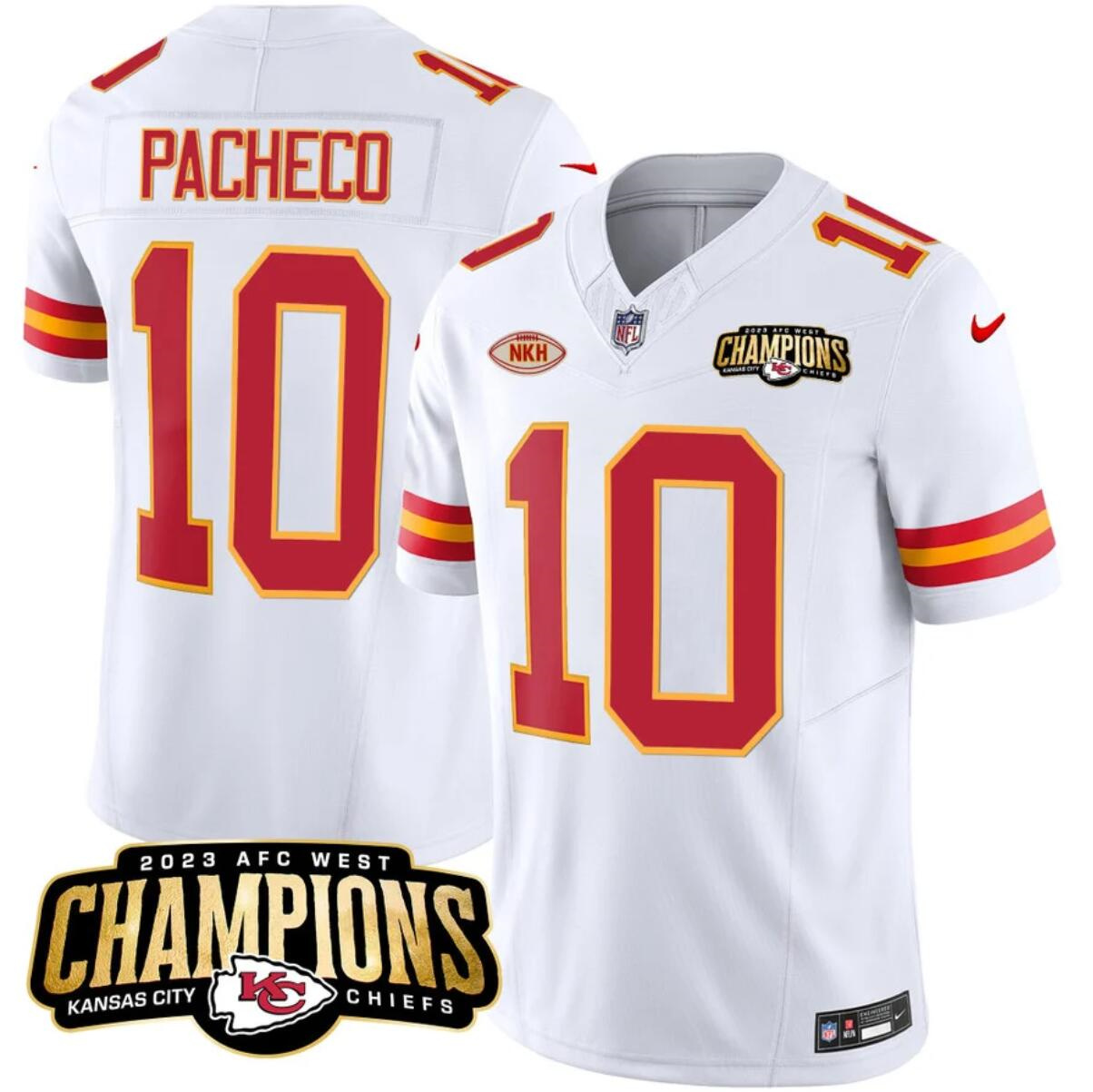 Men’s Kansas City Chiefs #10 Isiah Pacheco White 2023 F.U.S.E. AFC West Champions With "NKH" Patch Vapor Untouchable Limited Stitched Jersey