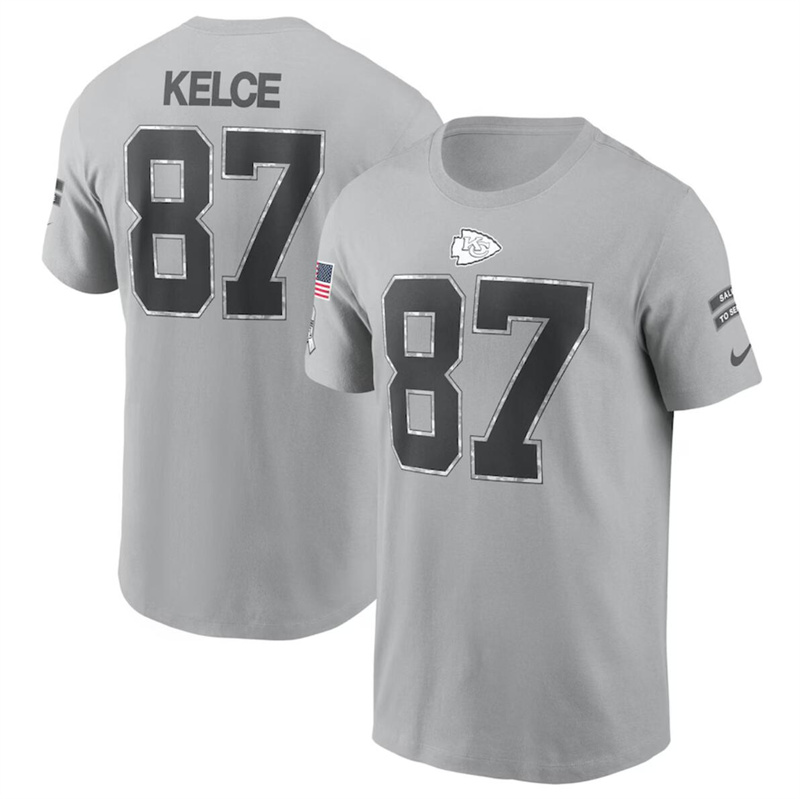 Men's Kansas City Chiefs #87 Travis Kelce 2024 Gray Salute To Service Name & Number T-Shirt Men's Kansas City Chiefs #87 Travis Kelce 2024 Gray Salute To Service Name & Number T-Shirt
