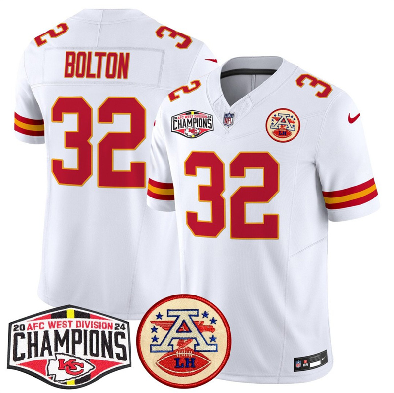 Men's Kansas City Chiefs #32 Nick Bolton White F.U.S.E. 2024 AFC West Division Champions Vapor Limited Stitched Football Jersey Men's Kansas City Chiefs #32 Nick Bolton White F.U.S.E. 2024 AFC West Division Champions Vapor Limited Stitched Football Jersey