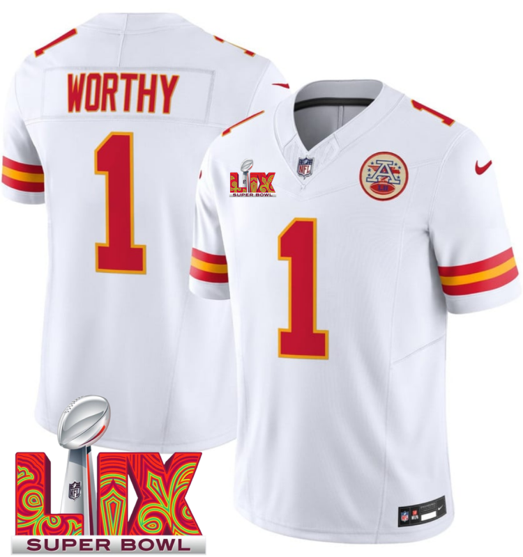 Men's Kansas City Chiefs #1 Xavier Worthy White F.U.S.E. 24/25 Super Bowl LIX Vapor Untouchable Limited Stitched Football Jersey