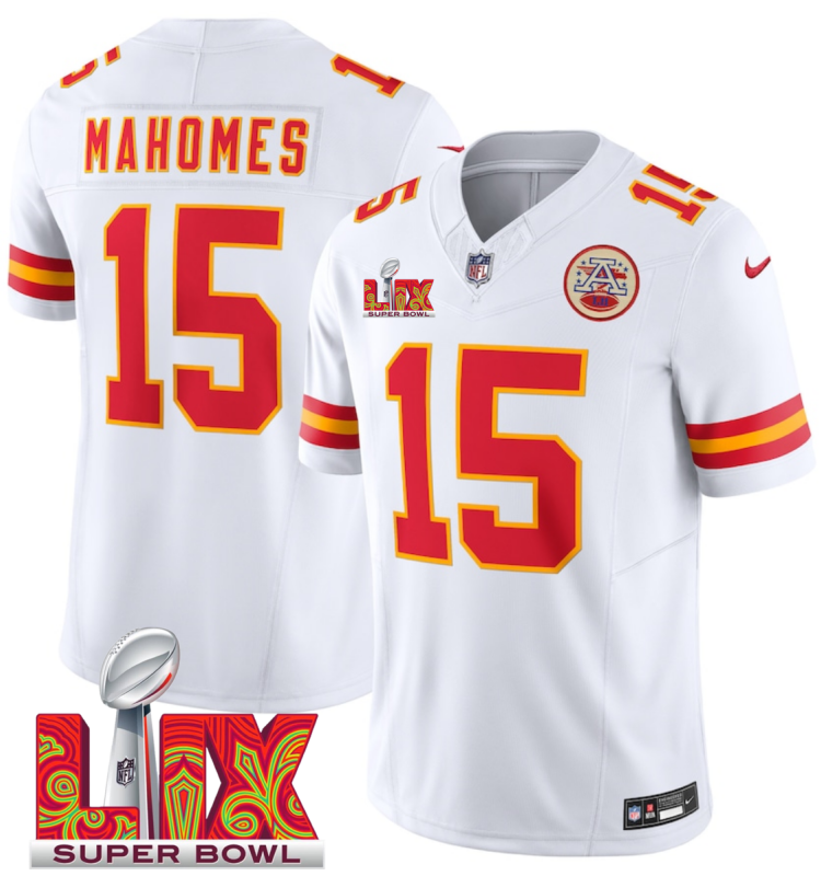 Men's Kansas City Chiefs #15 Patrick Mahomes White F.U.S.E. 24/25 Super Bowl LIX Vapor Untouchable Limited Stitched Football Jersey Men's Kansas City Chiefs #15 Patrick Mahomes White F.U.S.E. 24/25 Super Bowl LIX Vapor Untouchable Limited Stitched Football Jersey