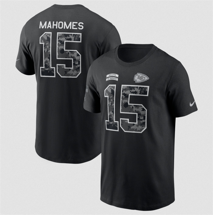 Men's Kansas City Chiefs #15 Patrick Mahomes Black 2026 Salute to Service Name & Number T-Shirt