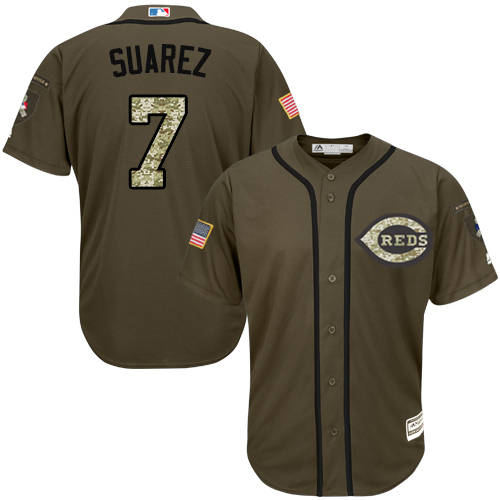 Reds #7 Eugenio Suarez Green Salute to Service Stitched MLB Jersey
