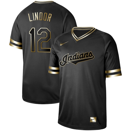 Nike Indians #12 Francisco Lindor Black Gold Authentic Stitched MLB Jersey