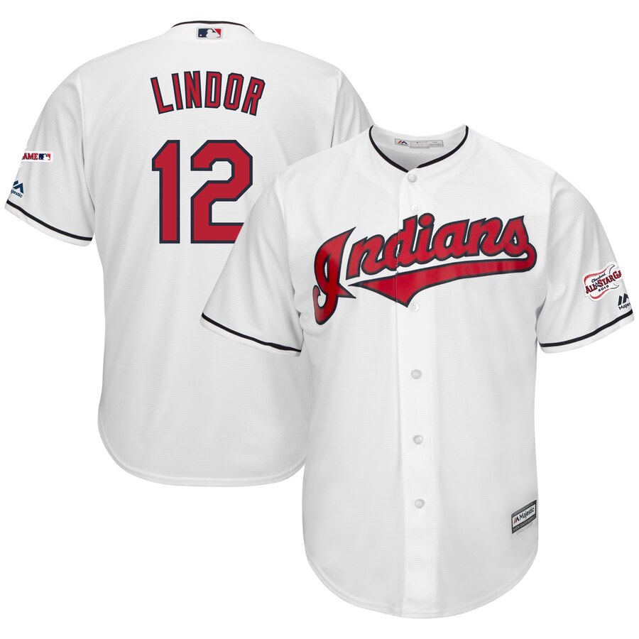 Cleveland Indians #12 Francisco Lindor Majestic Home 2019 All-Star Game Patch Cool Base Player Jersey White