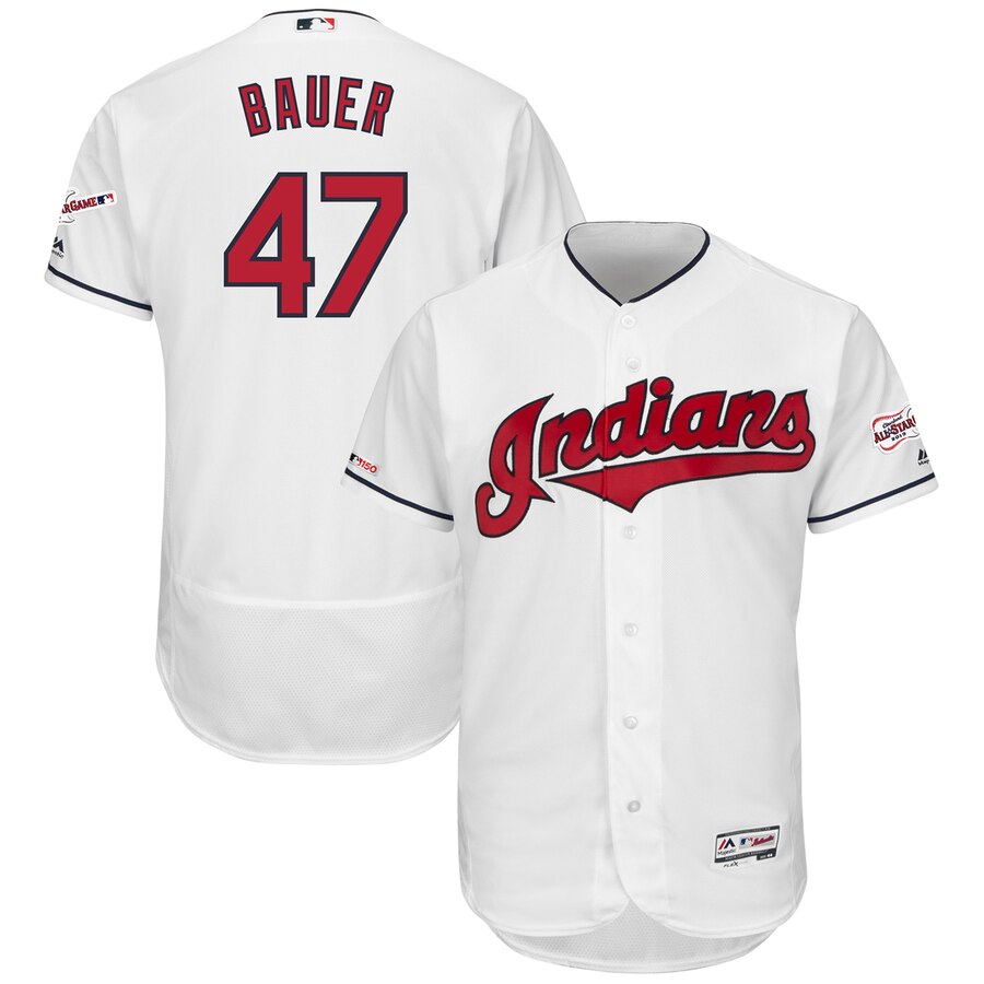 Cleveland Indians #47 Trevor Bauer Majestic Home 2019 All-Star Game Patch Flex Base Player Jersey White