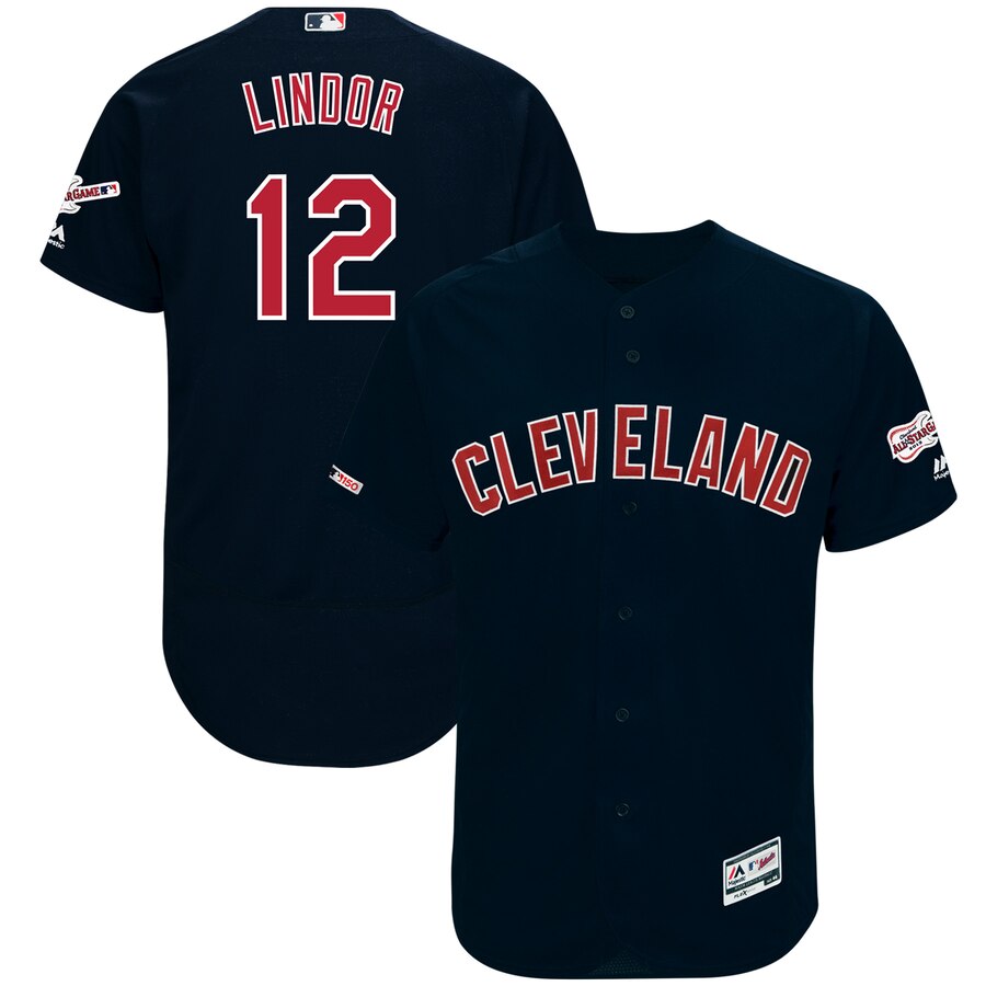 Cleveland Indians #12 Francisco Lindor Majestic Alternate 2019 All-Star Game Patch Flex Base Player Jersey Navy
