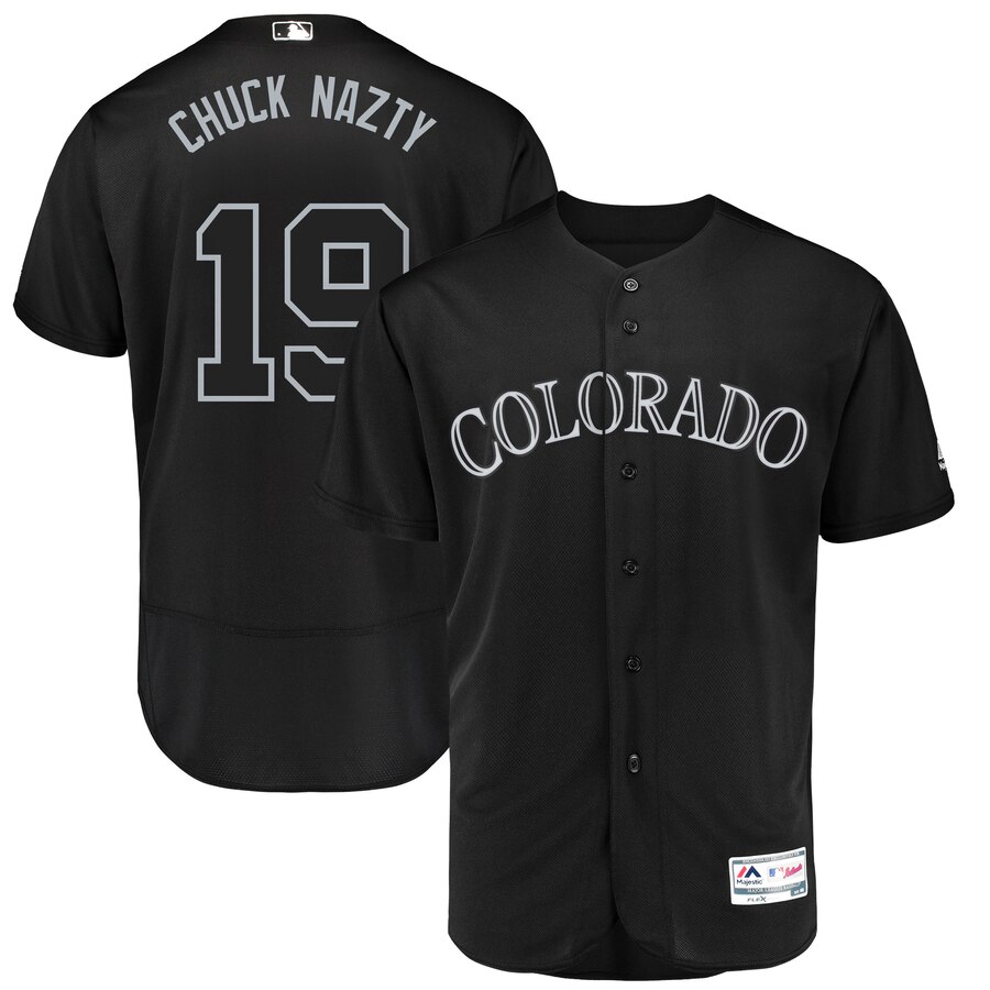 Colorado Rockies #19 Charlie Blackmon Chuck Nazty Majestic 2019 Players' Weekend Flex Base Authentic Player Jersey Black