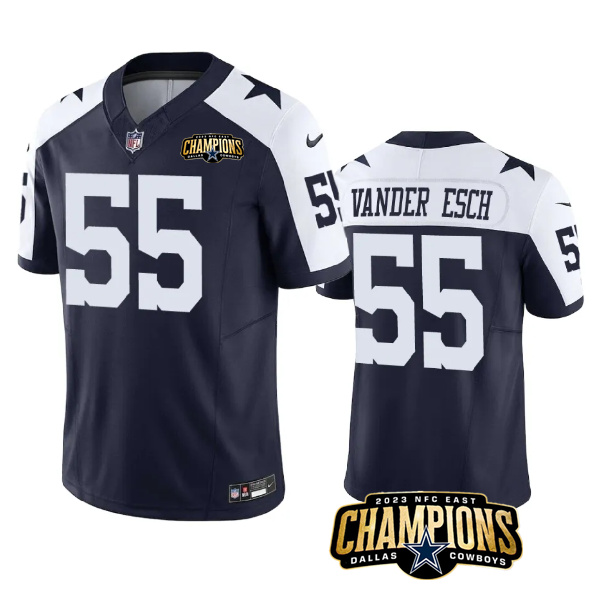 Men's Dallas Cowboys #55 Leighton Vander Esch Navy/White 2023 F.U.S.E. NFC East Champions Patch Stitched Football Jersey