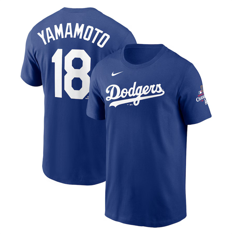 Men's Los Angeles Dodgers #18 Yoshinobu Yamamoto Royal 2024 World Series Champions Name & Number T-Shirt Men's Los Angeles Dodgers #18 Yoshinobu Yamamoto Royal 2024 World Series Champions Name & Number T-Shirt