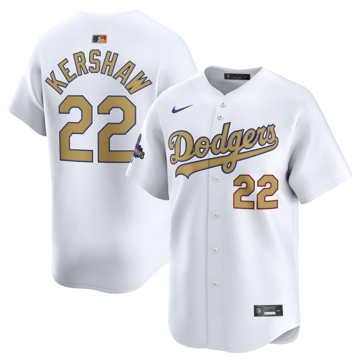 Men's Los Angeles Dodgers #22 Clayton Kershaw White 2025 Gold Collection Limited Stitched Baseball Jersey Men's Los Angeles Dodgers #22 Clayton Kershaw White 2025 Gold Collection Limited Stitched Baseball Jersey