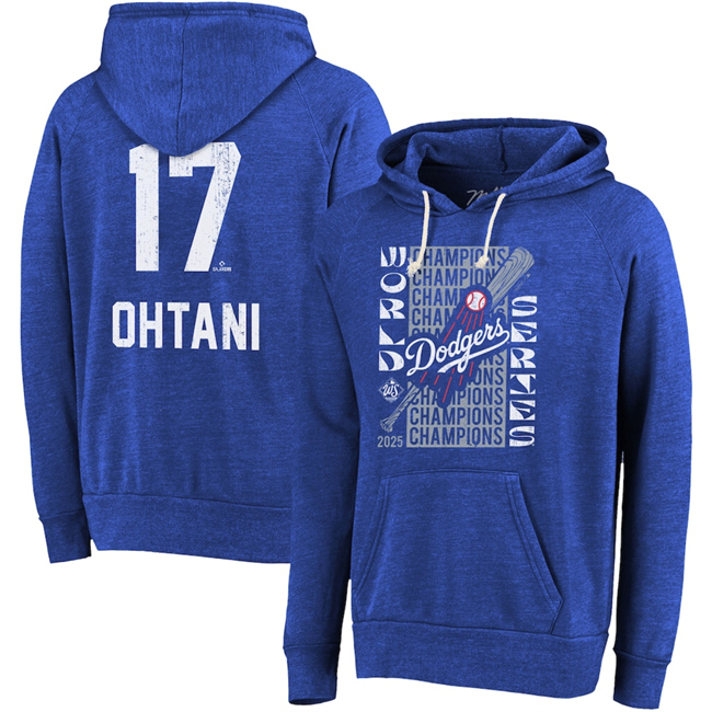 Men's Los Angeles Dodgers #17 Shohei Ohtani Royal 2025 World Series Champions Name & Number Tri-Blend Hoodie Men's Los Angeles Dodgers #17 Shohei Ohtani Royal 2025 World Series Champions Name & Number Tri-Blend Hoodie