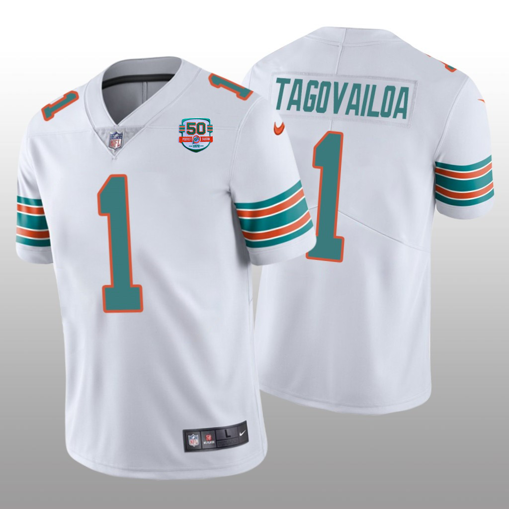 Men's Miami Dolphins #1 Tua Tagovailoa 2022 White With With 50th Perfect Season Patch Limited Stitched Jersey