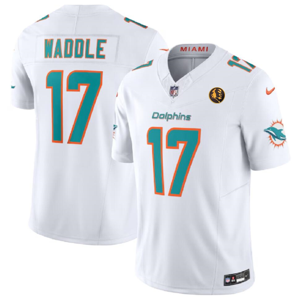 Men's Miami Dolphins #17 Jaylen Waddle White 2023 F.U.S.E. With John Madden Patch Vapor Limited Stitched Football Jersey