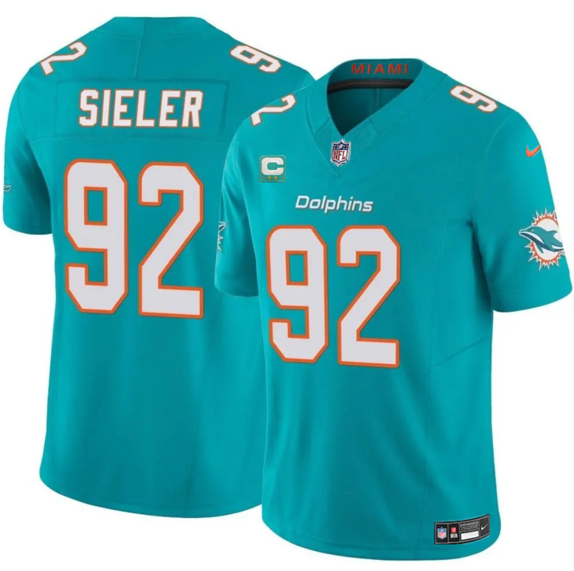 Men's Miami Dolphins #92 Zach Sieler Aqua 2025 F.U.S.E. With 2-Star C Patch Vapor Limited Stitched Football Jersey Men's Miami Dolphins #92 Zach Sieler Aqua 2025 F.U.S.E. With 2-Star C Patch Vapor Limited Stitched Football Jersey