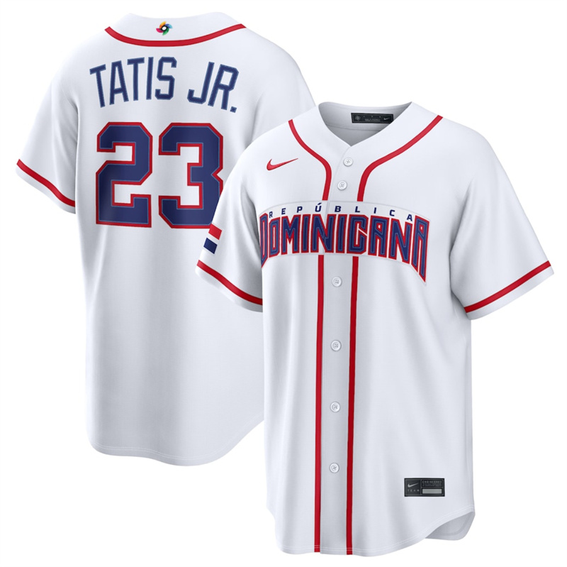Men's Dominican Republic Baseball #23 Fernando Tatis Jr. White 2026 World Baseball Classic Home Stadium Stitched Jersey Men's Dominican Republic Baseball #23 Fernando Tatis Jr. White 2026 World Baseball Classic Home Stadium Stitched Jersey
