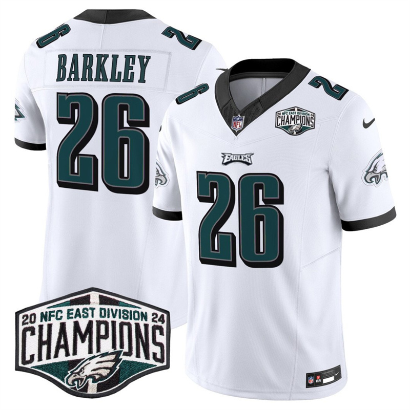 Men's Philadelphia Eagles #26 Saquon Barkley White 2024 NFC East Champions F.U.S.E. Vapor Untouchable Limited Stitched Football Jersey Men's Philadelphia Eagles #26 Saquon Barkley White 2024 NFC East Champions F.U.S.E. Vapor Untouchable Limited Stitched Football Jersey