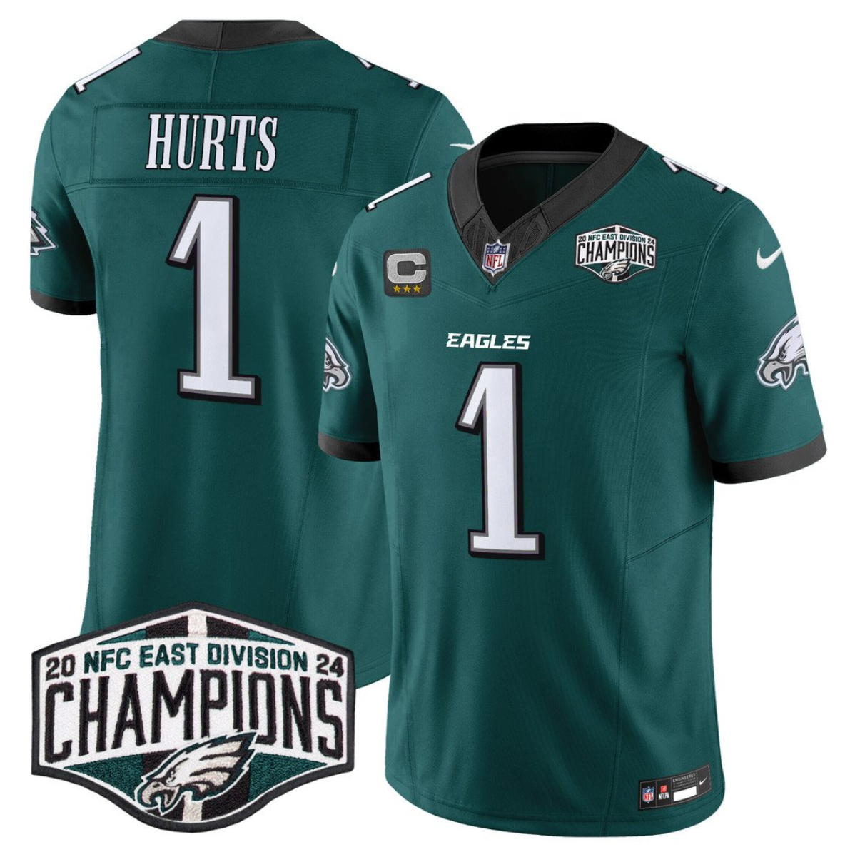 Men's Philadelphia Eagles #1 Jalen Hurts Black 2024 New NFC East Champions With 3-Star C Patch F.U.S.E. Vapor Untouchable Limited Stitched Football Jersey