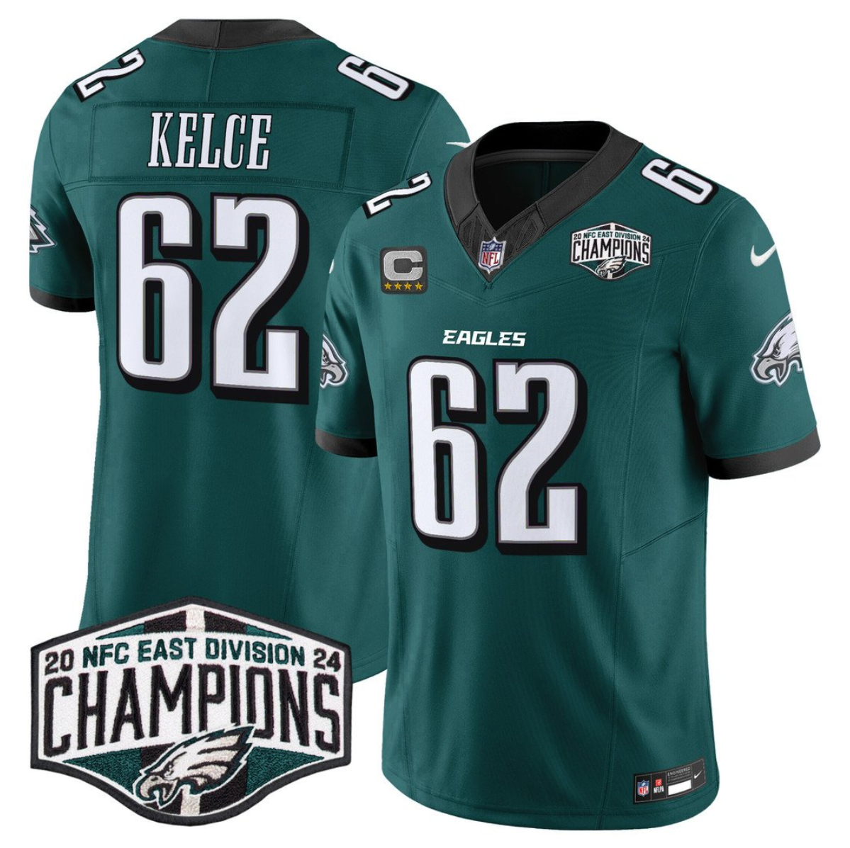 Men's Philadelphia Eagles #62 Jason Kelce Green 2024 New NFC East Champions With 4-Star C Patch F.U.S.E. Vapor Untouchable Limited Stitched Football Jersey Men's Philadelphia Eagles #62 Jason Kelce Green 2024 New NFC East Champions With 4-Star C Patch F.U.S.E. Vapor Untouchable Limited Stitched Football Jersey