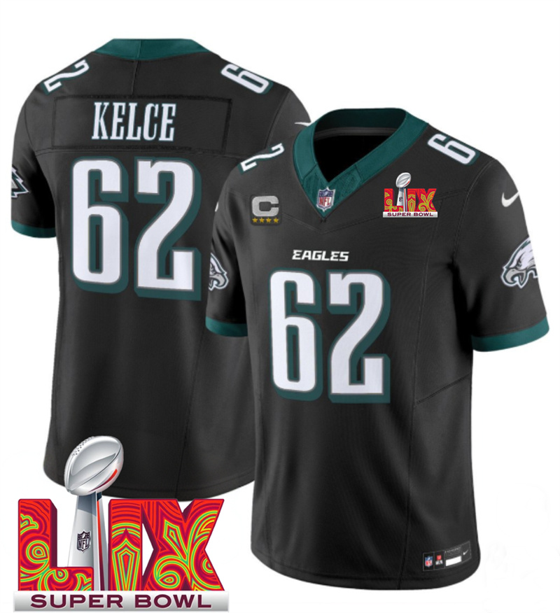 Men's Philadelphia Eagles #62 Jason Kelce Black F.U.S.E. 24/25 Super Bowl LIX With 4-Star C Patch Vapor Untouchable Limited Stitched Football Jersey