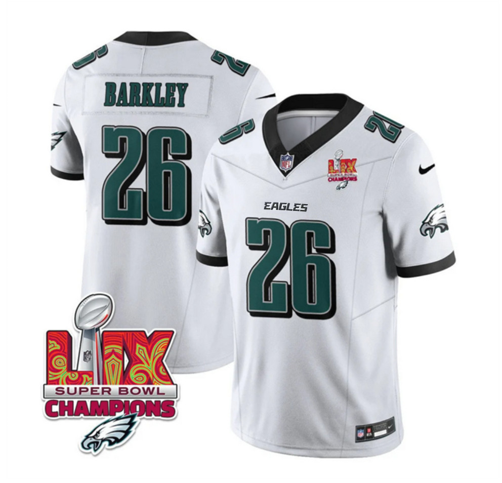 Men's Philadelphia Eagles #26 Saquon Barkley White 2025 Eagles Logo Super Bowl LIX Patch New F.U.S.E. Vapor Untouchable Limited Stitched Football Jersey