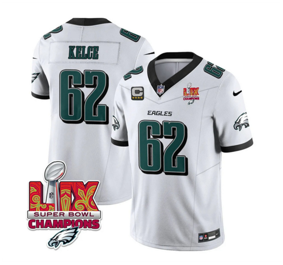 Men's Philadelphia Eagles #62 Jason Kelce White 2025 Eagles Logo Super Bowl LIX Patch And 4-Star C Patch New F.U.S.E. Vapor Limited Stitched Football Jersey Men's Philadelphia Eagles #62 Jason Kelce White 2025 Eagles Logo Super Bowl LIX Patch And 4-Star C Patch New F.U.S.E. Vapor Limited Stitched Football Jersey