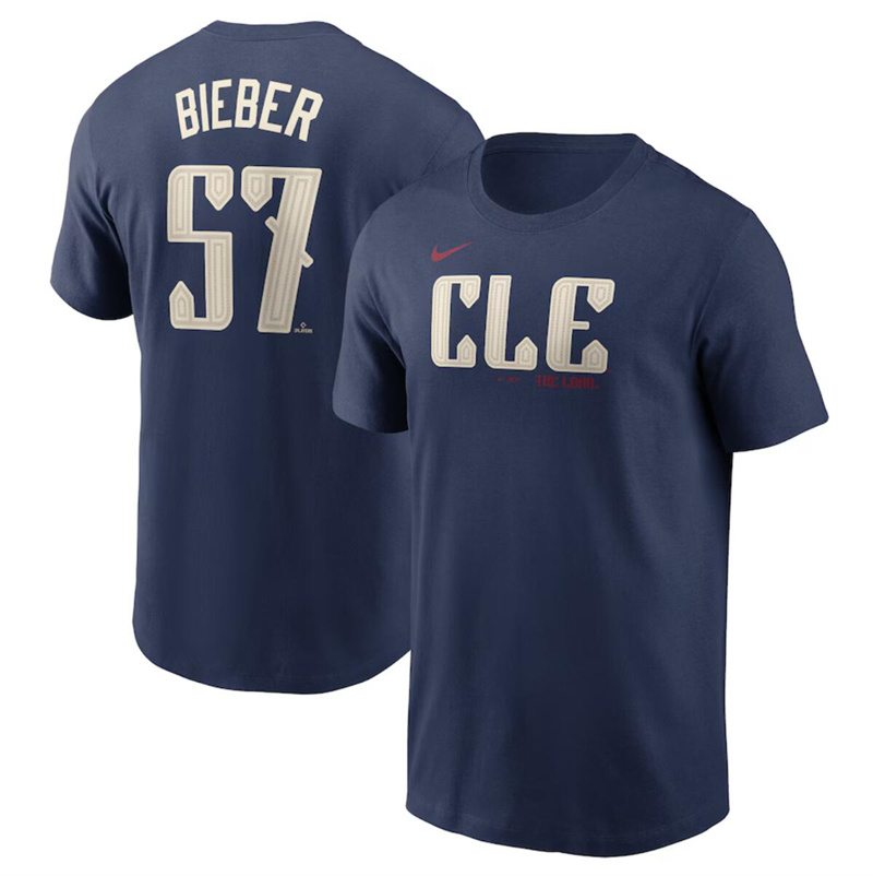 Men's Cleveland Guardians #57 Shane Bieber Navy 2024 City Connect Name & Number T-Shirt