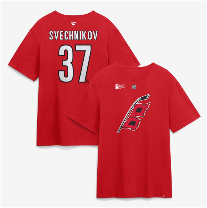 Men's Carolina Hurricanes #37 Andrei Svechnikov Red 2026 Stanley Cup Final Name & Number T-Shirt Men's Carolina Hurricanes #37 Andrei Svechnikov Red 2026 Stanley Cup Final Name & Number T-Shirt