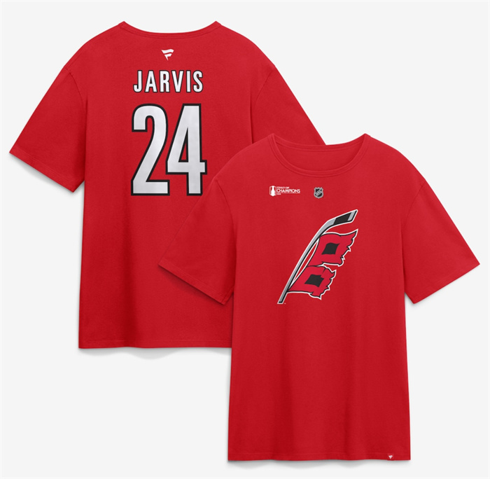 Men's Carolina Hurricanes #24 Seth Jarvis Red 2026 Stanley Cup Champions Name & Number T-Shirt Men's Carolina Hurricanes #24 Seth Jarvis Red 2026 Stanley Cup Champions Name & Number T-Shirt