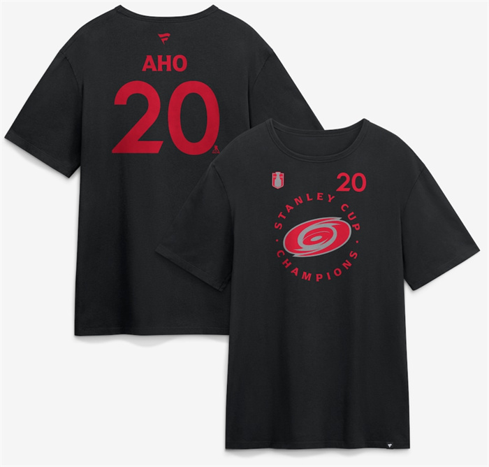 Men's Carolina Hurricanes #20 Sebastian Aho Black 2026 Stanley Cup Champions Name & Number T-Shirt Men's Carolina Hurricanes #20 Sebastian Aho Black 2026 Stanley Cup Champions Name & Number T-Shirt