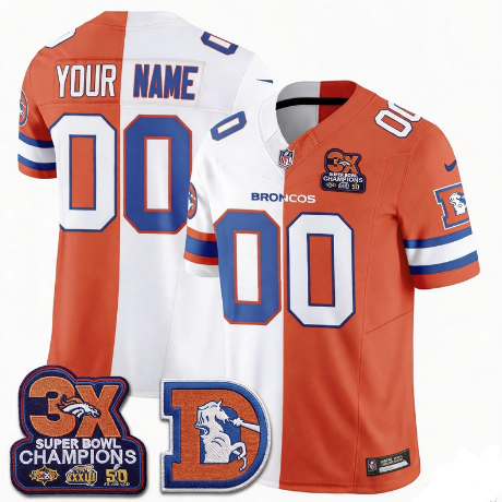 Men's Denver Broncos Active Player Custom White/Orange Super Bowl Champions Throwback Split Stitched Football Jersey