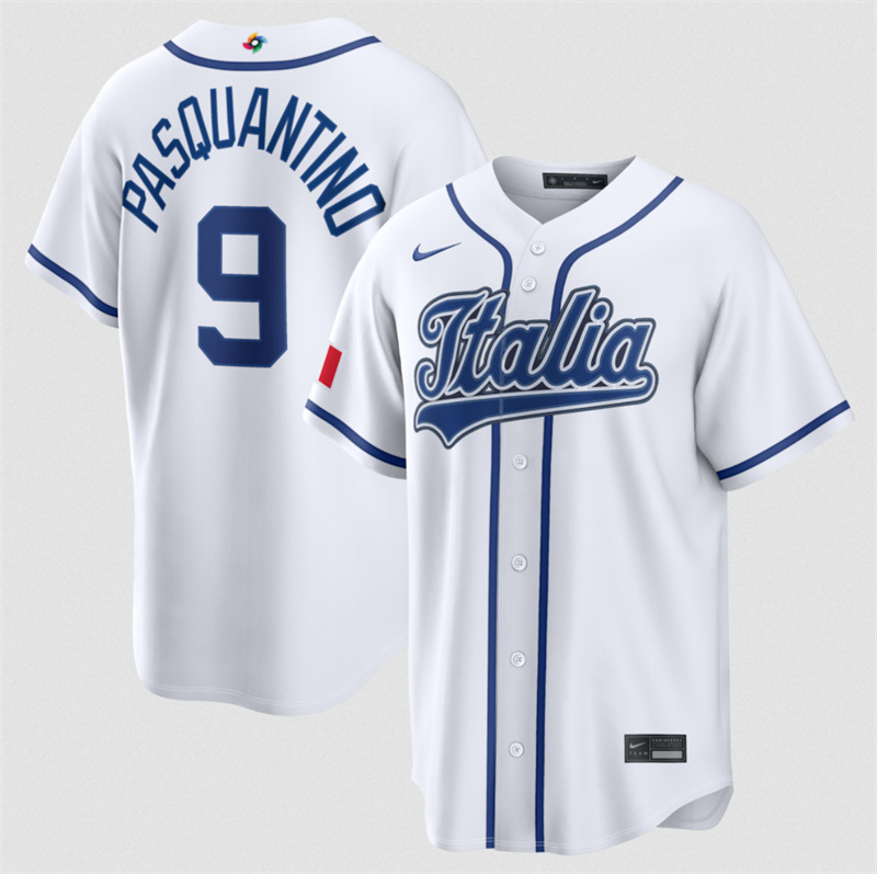 Men's Italy Baseball #9 Vinnie Pasquantino 2026 World Baseball Classic Home Stadium Stitched Jersey Men's Italy Baseball #9 Vinnie Pasquantino 2026 World Baseball Classic Home Stadium Stitched Jersey