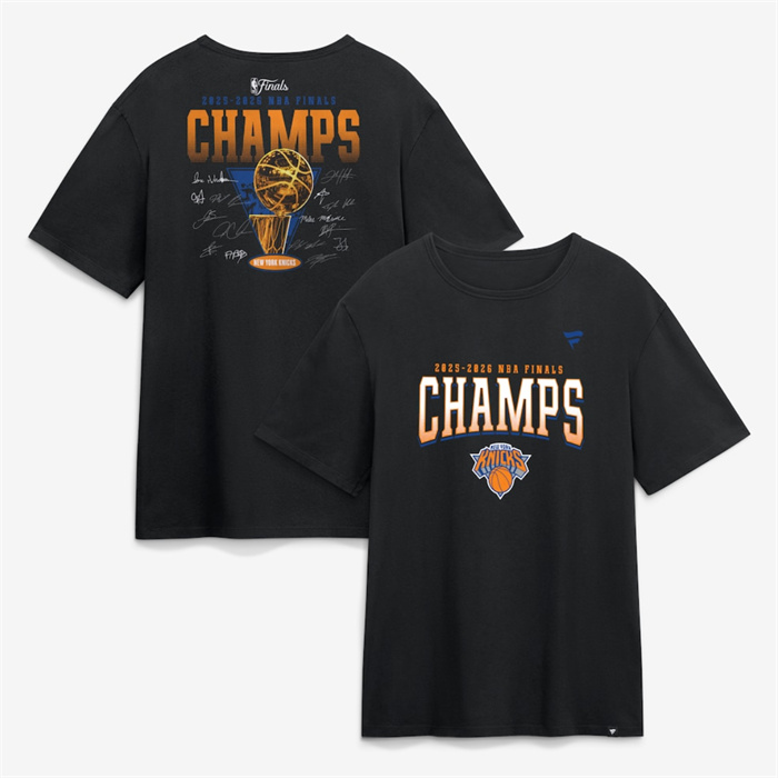 Men's New York Knicks Black 2026 Finals Champions Roster Trophy T-Shirt Men's New York Knicks Black 2026 Finals Champions Roster Trophy T-Shirt