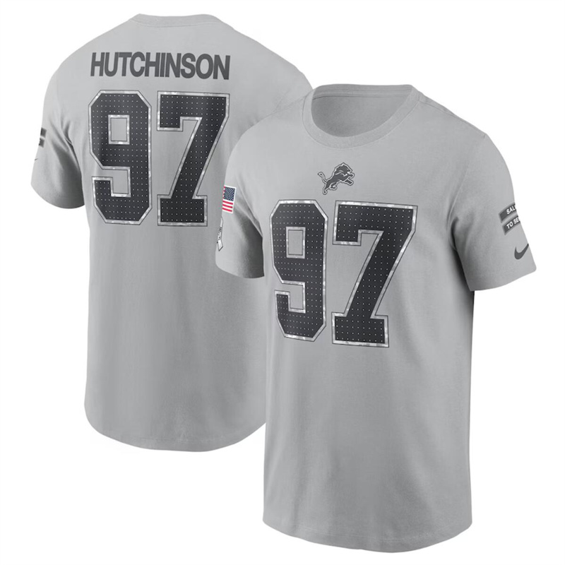 Men's Detroit Lions #97 Aidan Hutchinson 2024 Gray Salute To Service Name & Number T-Shirt Men's Detroit Lions #97 Aidan Hutchinson 2024 Gray Salute To Service Name & Number T-Shirt