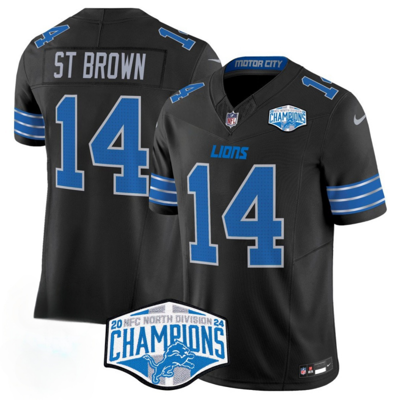 Men's Detroit Lions #14 Amon-Ra St. Brown Black 2024 NFC North Champions F.U.S.E. Vapor Limited Stitched Jersey