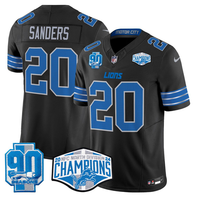 Men's Detroit Lions #20 Barry Sanders Black 2024 NFC North Champions 90th Anniversary Patch F.U.S.E. Vapor Limited Stitched Jersey Men's Detroit Lions #20 Barry Sanders Black 2024 NFC North Champions 90th Anniversary Patch F.U.S.E. Vapor Limited Stitched Jersey