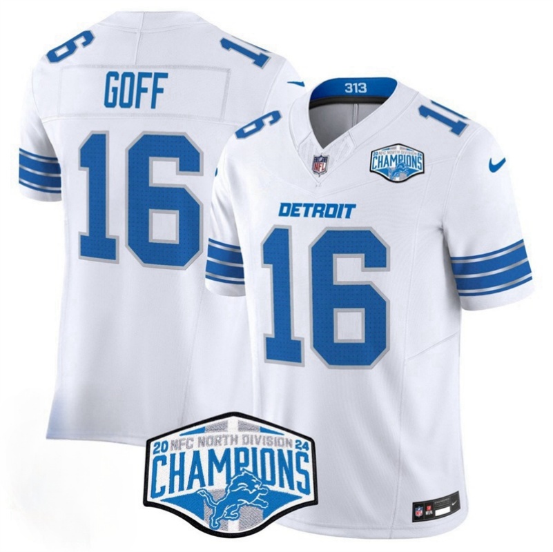 Men's Detroit Lions #16 Jared Goff White 2024 NFC North Champions 90th Anniversary Patch F.U.S.E. Vapor Limited Stitched Jersey Men's Detroit Lions #16 Jared Goff White 2024 NFC North Champions 90th Anniversary Patch F.U.S.E. Vapor Limited Stitched Jersey