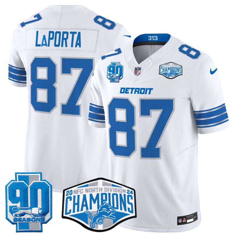 Men's Detroit Lions #87 Sam LaPorta White 2024 NFC North Champions 90th Anniversary Patch F.U.S.E. Vapor Limited Stitched Jersey Men's Detroit Lions #87 Sam LaPorta White 2024 NFC North Champions 90th Anniversary Patch F.U.S.E. Vapor Limited Stitched Jersey