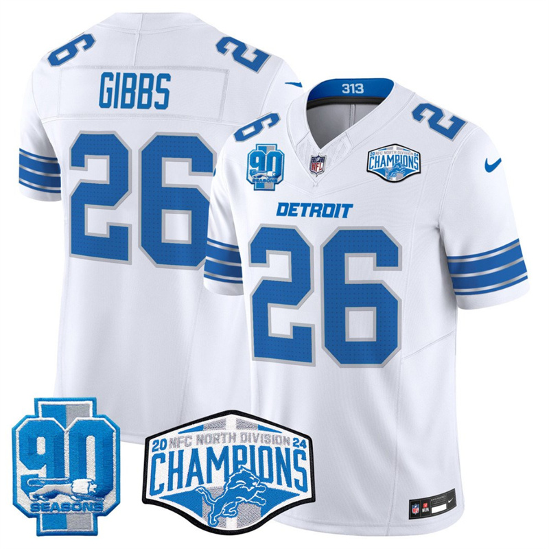 Men's Detroit Lions #26 Jahmyr Gibbs White 2024 NFC North Champions 90th Anniversary Patch F.U.S.E. Vapor Limited Stitched Jersey Men's Detroit Lions #26 Jahmyr Gibbs White 2024 NFC North Champions 90th Anniversary Patch F.U.S.E. Vapor Limited Stitched Jersey
