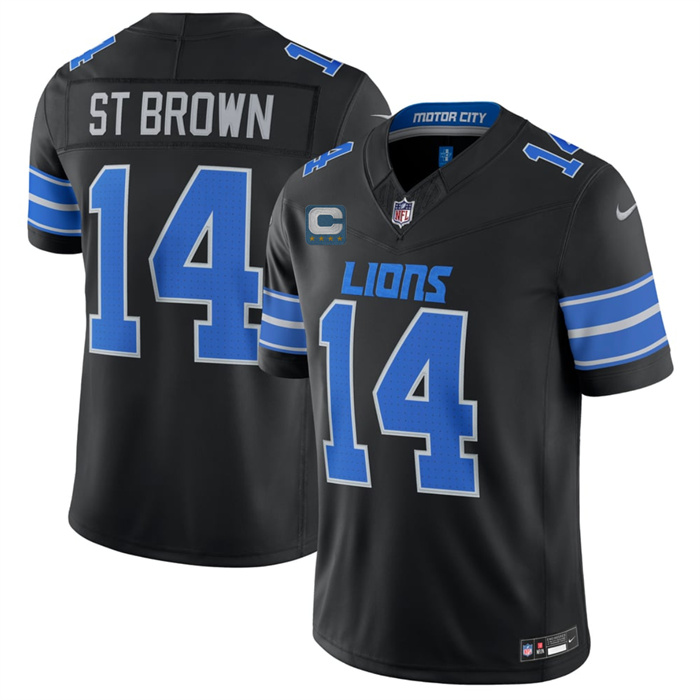 Men's Detroit Lions #14 Amon-Ra St. Brown Black 2026 With 4-Star C Patch F.U.S.E. Vapor Limited Stitched Jersey