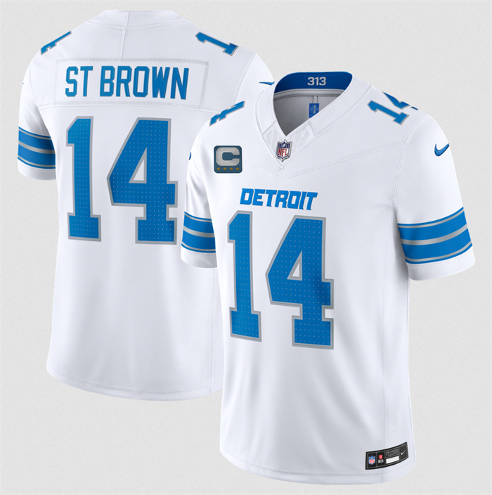 Men's Detroit Lions #14 Amon-Ra St. Brown White 2026 With 4-Star C Patch F.U.S.E. Vapor Limited Stitched Jersey