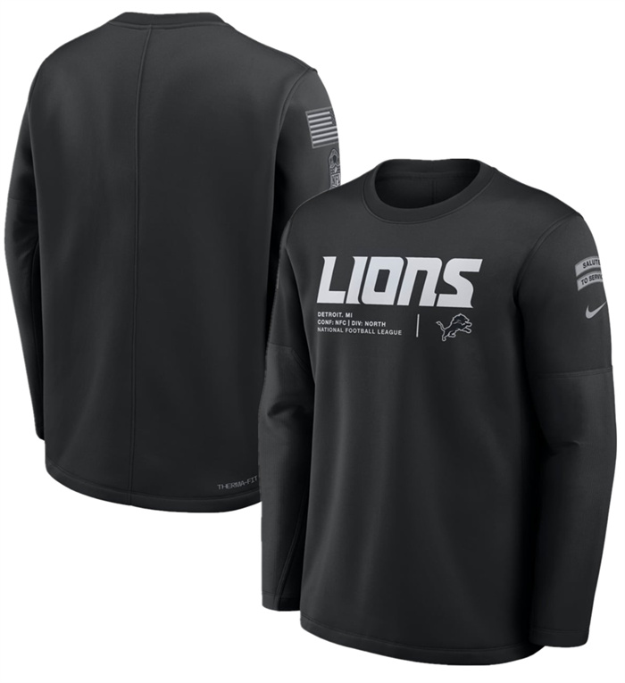 Men's Detroit Lions Black 2026 Salute to Service Sideline Coaches Crewneck Therma-FIT Sweatshirt