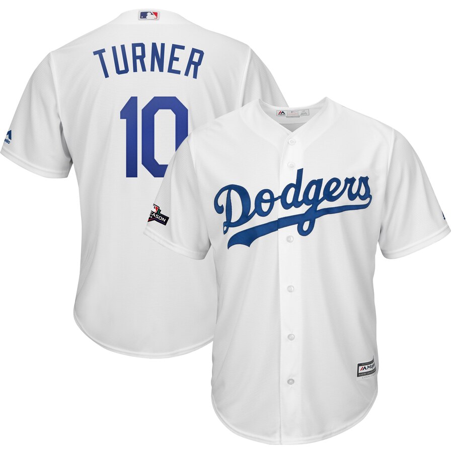 Los Angeles Dodgers #10 Justin Turner Majestic 2019 Postseason Home Official Cool Base Player Jersey White